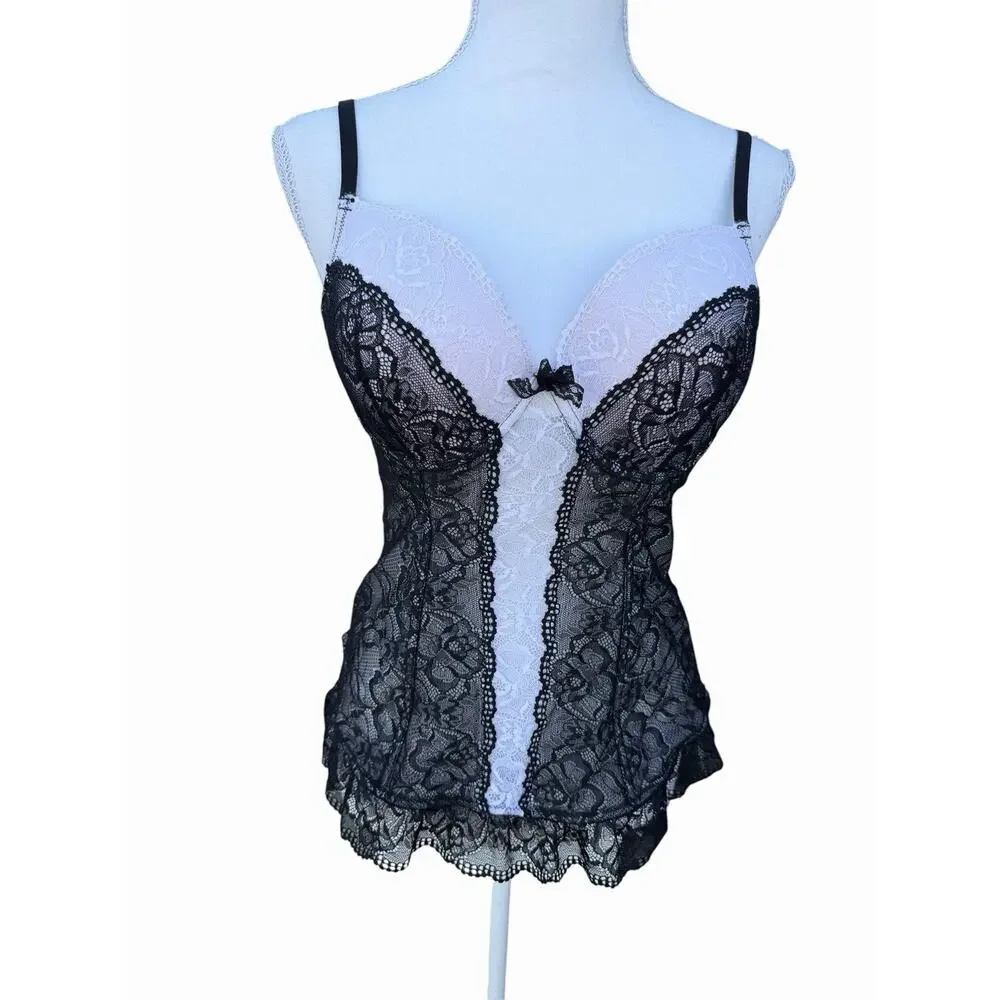 Fredericks of Hollywood Bustier Corset L Black White Lace Sheer Boned Top